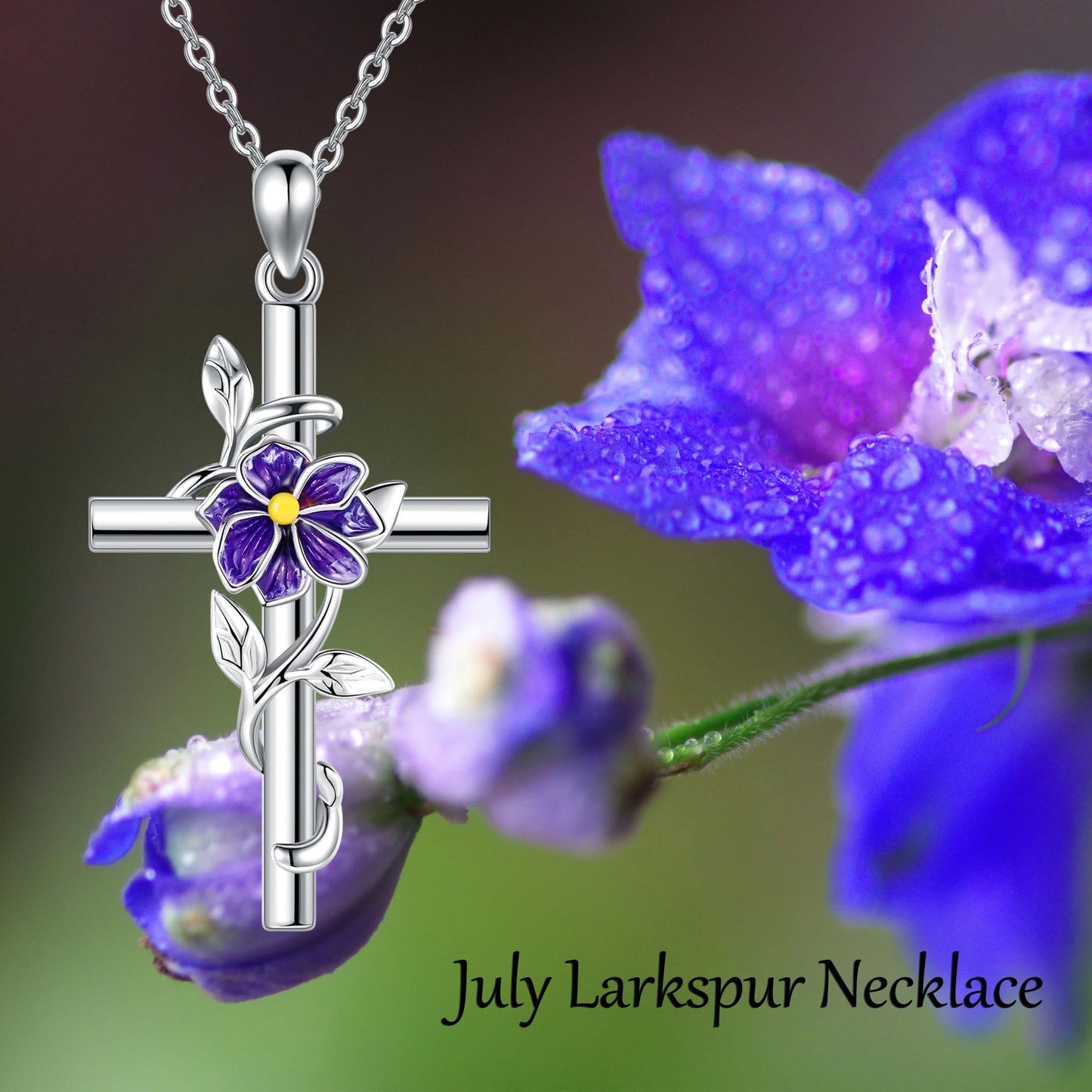 Larkspur Necklace 925 Sterling Silver Cross Larkspur Pendant Necklace July Birth Flower Jewelry for Women Gifts