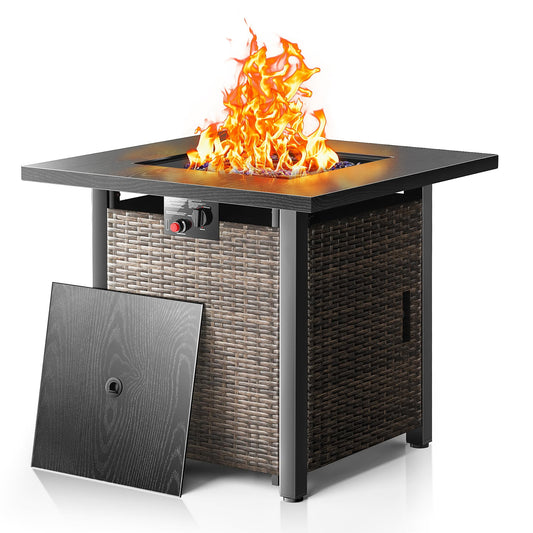 28” Outdoor Propane Fire Pit Table, 50,000 BTU Square Rattan Gas Fire Pit with Lid & Blue Crystal Stones, Steel Tabletop, Adjustable Flame, 4-in-1 FirePit Table for Patio, Backyard, Outdoor Gatherings