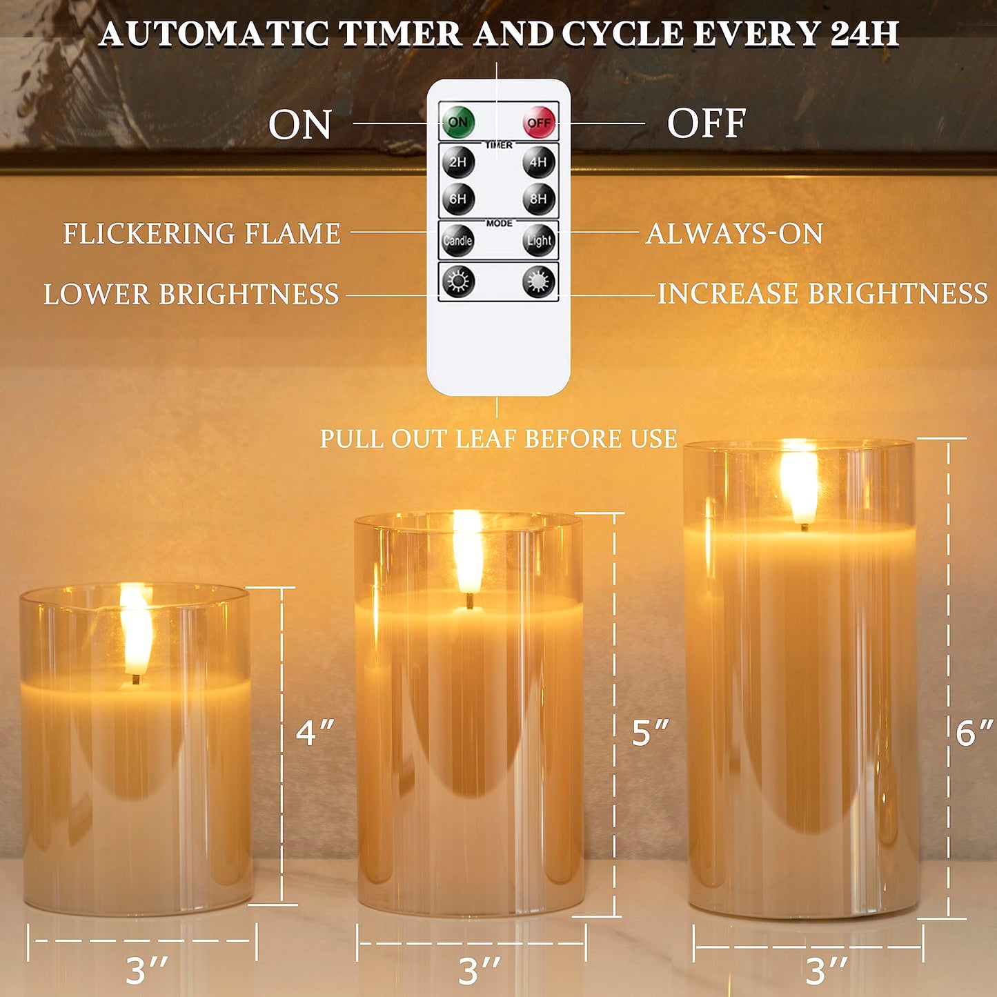 LUSHARBOR LUSHABOR Flameless Candles with Remote, 3 Pack Glass Battery Operated Candles with Timer, Real Wax Glass LED Candles Flickering Wedding Home Party Christmas D3 H4 5" 6"" Gold"