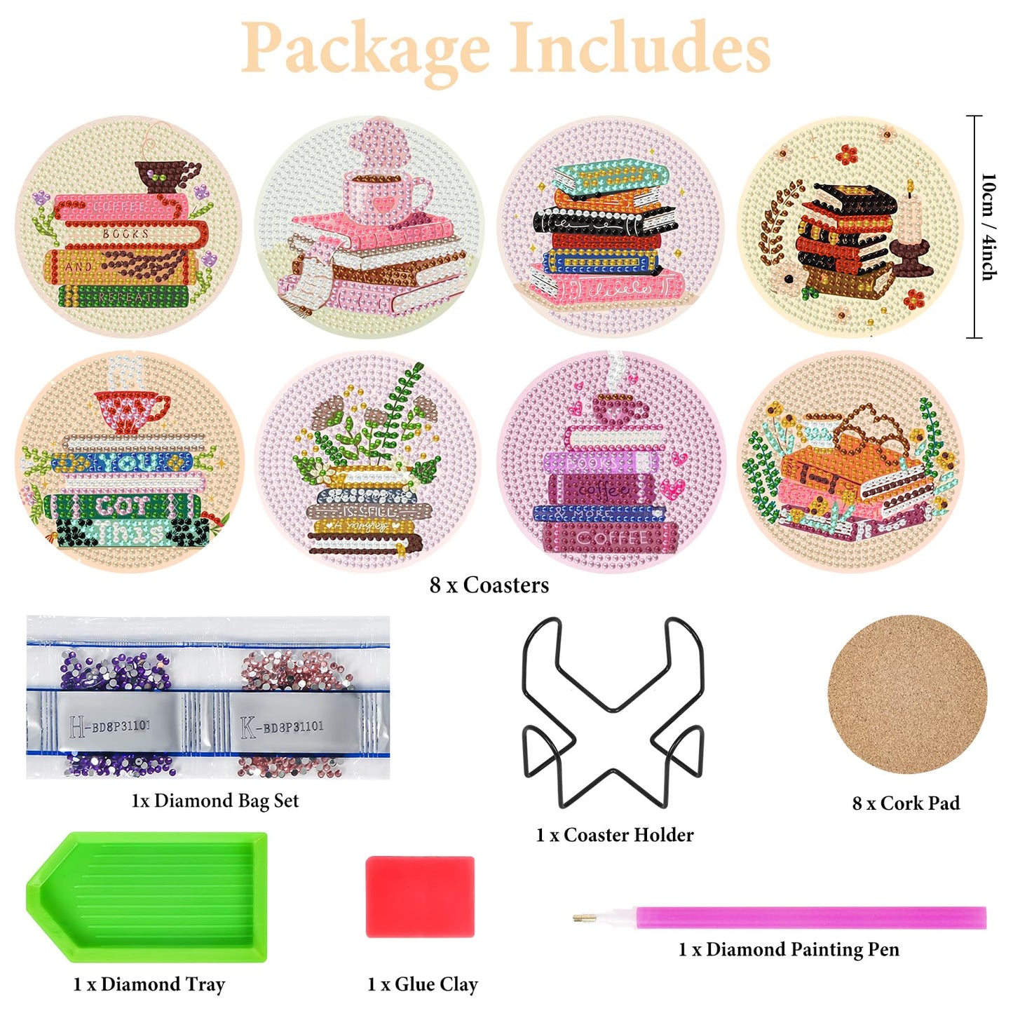 Book Diamond Art Coasters Kit with Holder, Book Lovers Diamond Painting Coasters Set of 8 for Adults, DIY Non Slip Drink Coaster with Cork Pads, Relaxing Craft Kits for Home Decor Gifts 4x4 Inch