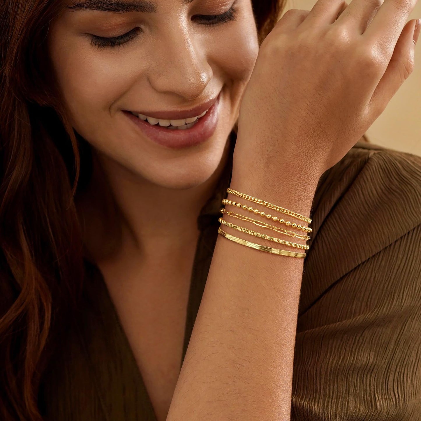 Gold Bracelets for Women Stack Non Tarnish, 14K Gold Plated Stackable Bracelets Set for Women Trendy, Waterproof Simple Jewelry Sets Gifts Inclued Beaded/Cuban/Paperclip/Herringbone/Rope Link Chian, Fashion Accessories