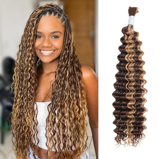 Syrenlore Highlighted Honey Blonde Braiding Human Hair for Boho Knotless Braids 18 Inch 50G LIGHT BULK, Ombre 4/27 Curly Braiding Hair Deep Wave Human Hair Bulk, No Weft Blonde & Brown Hair Extensions