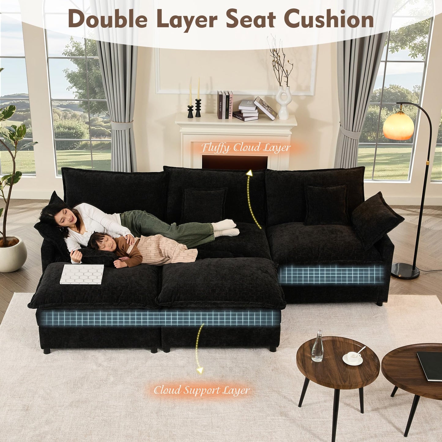 GOSUHI 108" U Shaped Couch, Modular Sectional Sofa, 3-Seater Comfy Cloud Couch, Set of Modular Pieces with Movable Ottoman, Deep Seat Couches for Living Room, Chenille, Black
