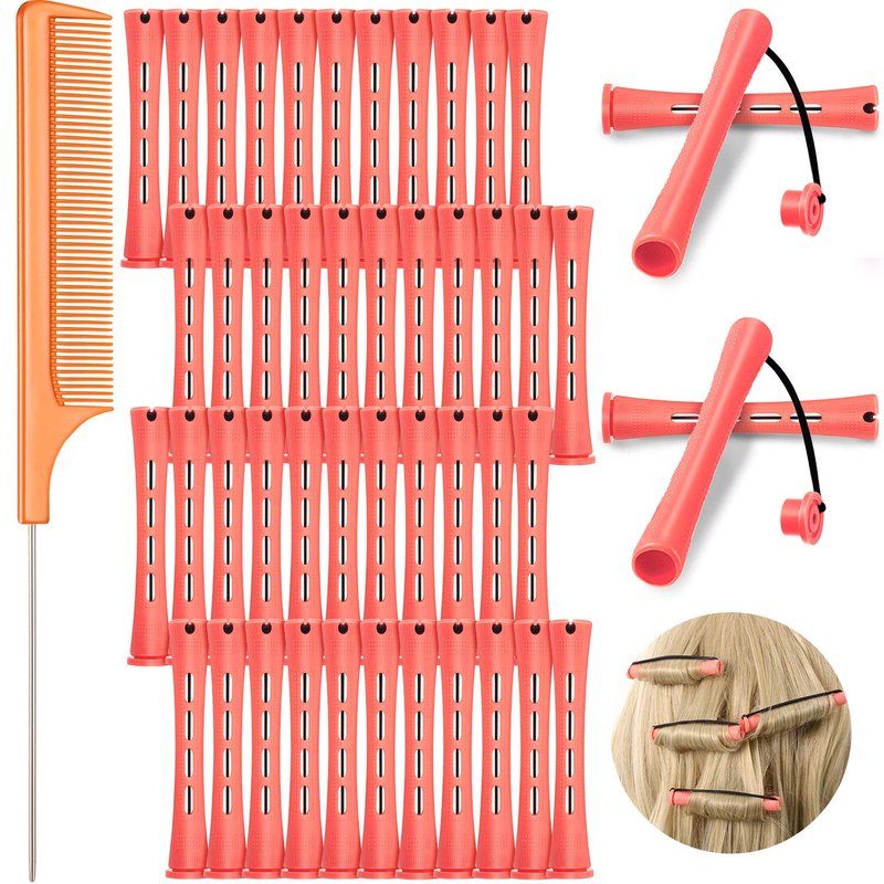48 Pieces Cold Wave Hair Perm Rods and Plastic Curlers with Steel Pintail Comb for Hairdressing and Styling (Pink, 0.51 Inch/ 1.3 cm)