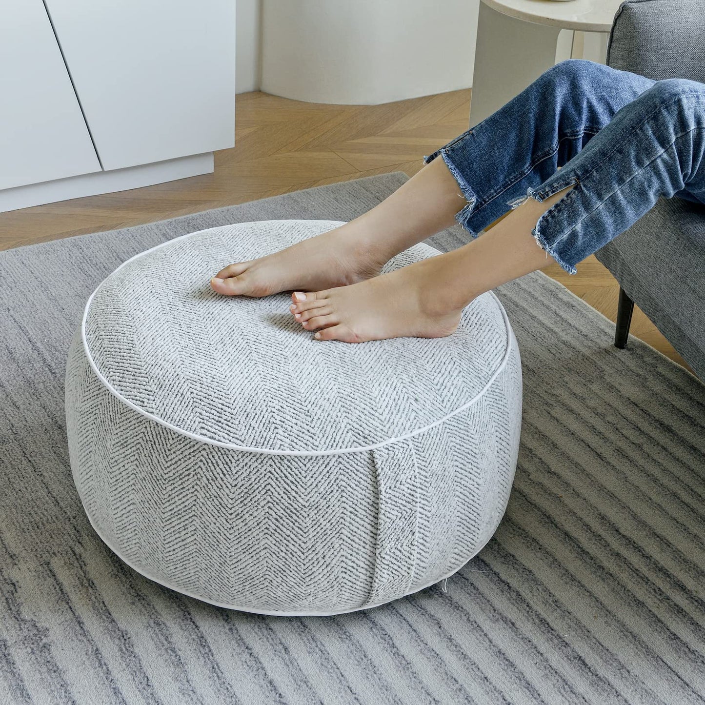 weruisi Inflatable Pouf Ottoman, 21x10 Inches Stuffed Chenille Ottoman with Inflatable PVC Liner, Foot Rest with Portable Handle, Round Floor Pillow for Living Room, Bedroom, Kids Room