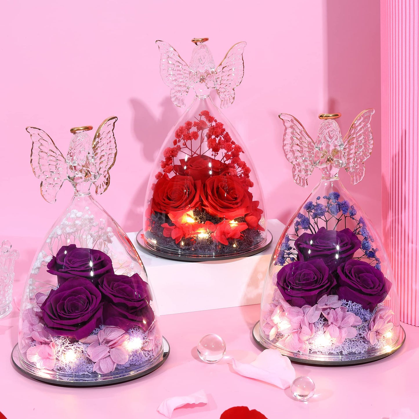 Tiaronics Mothers Day Rose Gifts for Women Preserved Real Flower in Glass Angel Figurines Roses for Delivery Prime Birthday Gifts for Mom Grandma Girlfriend Wife Her, Full Purple