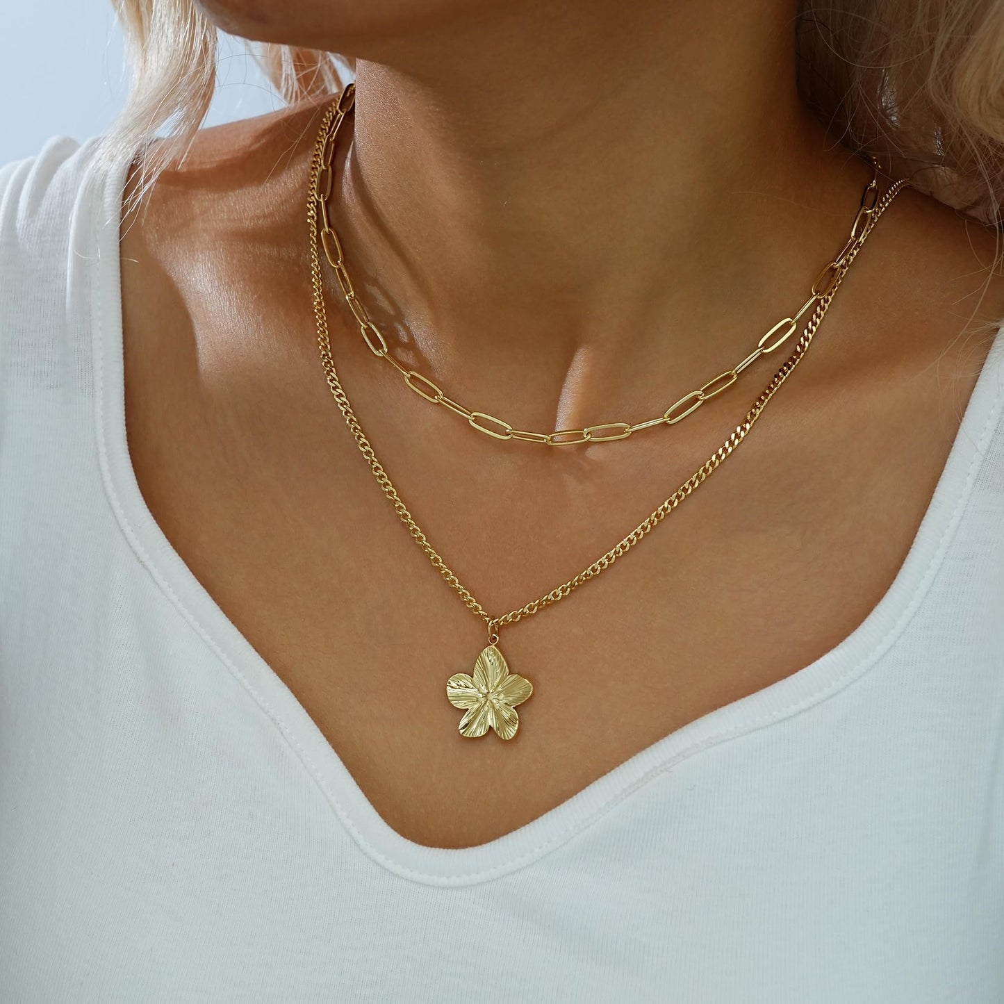 YEEZII Layered Gold Necklaces for Women Trendy, 3 Pcs 14K Gold Plated Choker Paperclip Box Chain Necklace, Stackable Women's Gold Pendant Necklaces Jewelry Set (Gold-3 Pcs-Flower)