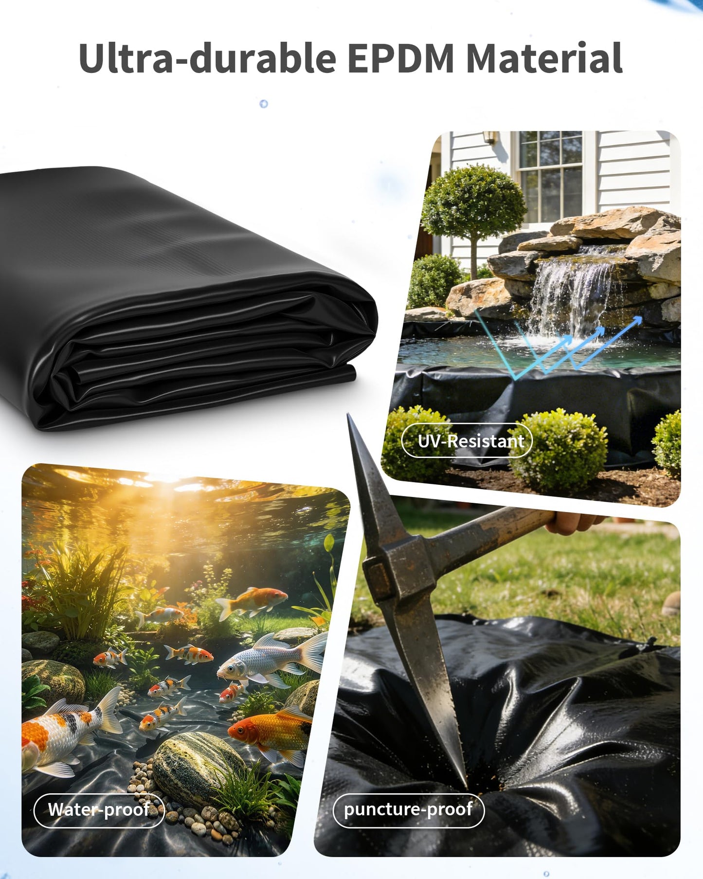 POPOSOAP Pond Liner, Mil Fish Pond EPDM Liner, U-V Resistant Preformed Garden Pond Liners for Outdoor Ponds, Koi Ponds, Garden Fountain, Waterfalls 11.5 x 13 FT 45Mil
