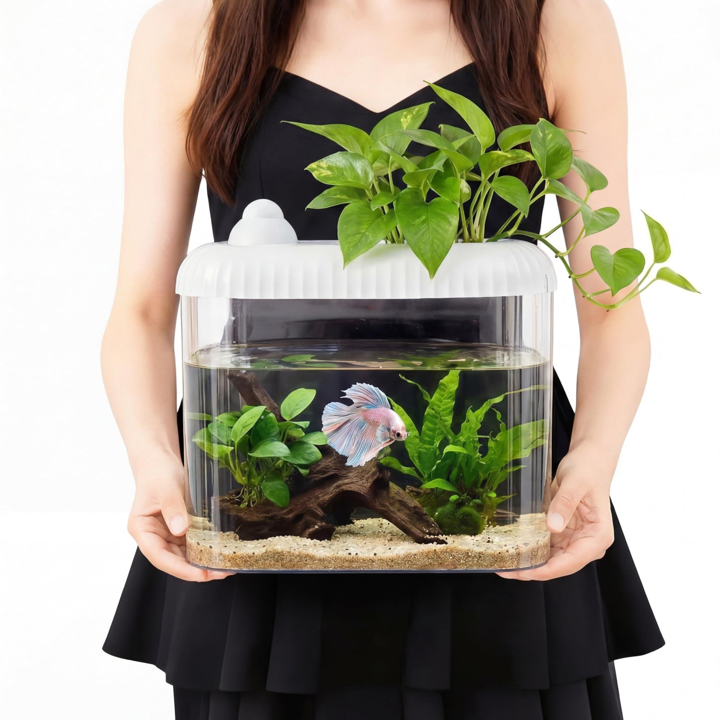 Geelin White 2 Gallon Plastic Aquaponic Betta Fish Tank Large Bowl Shatterproof Small Ecosystem Aquarium with Secure Buckle Lid, Clear Clarity for Terrarium, Flower Vase Betta Fish Tabletop Gifts