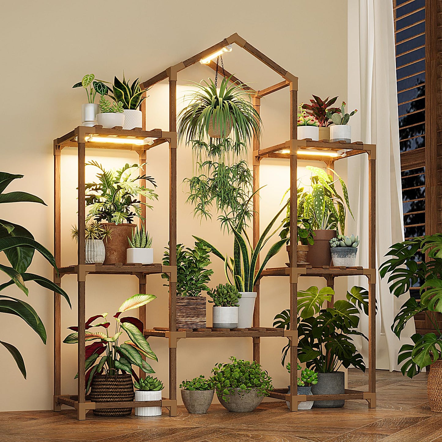 Bamworld Plant Stand Indoor with Grow Lights Wood Plant Shelf for Hanging Planter Pots Display Flower Stand for Living Room Patio Garden Decor