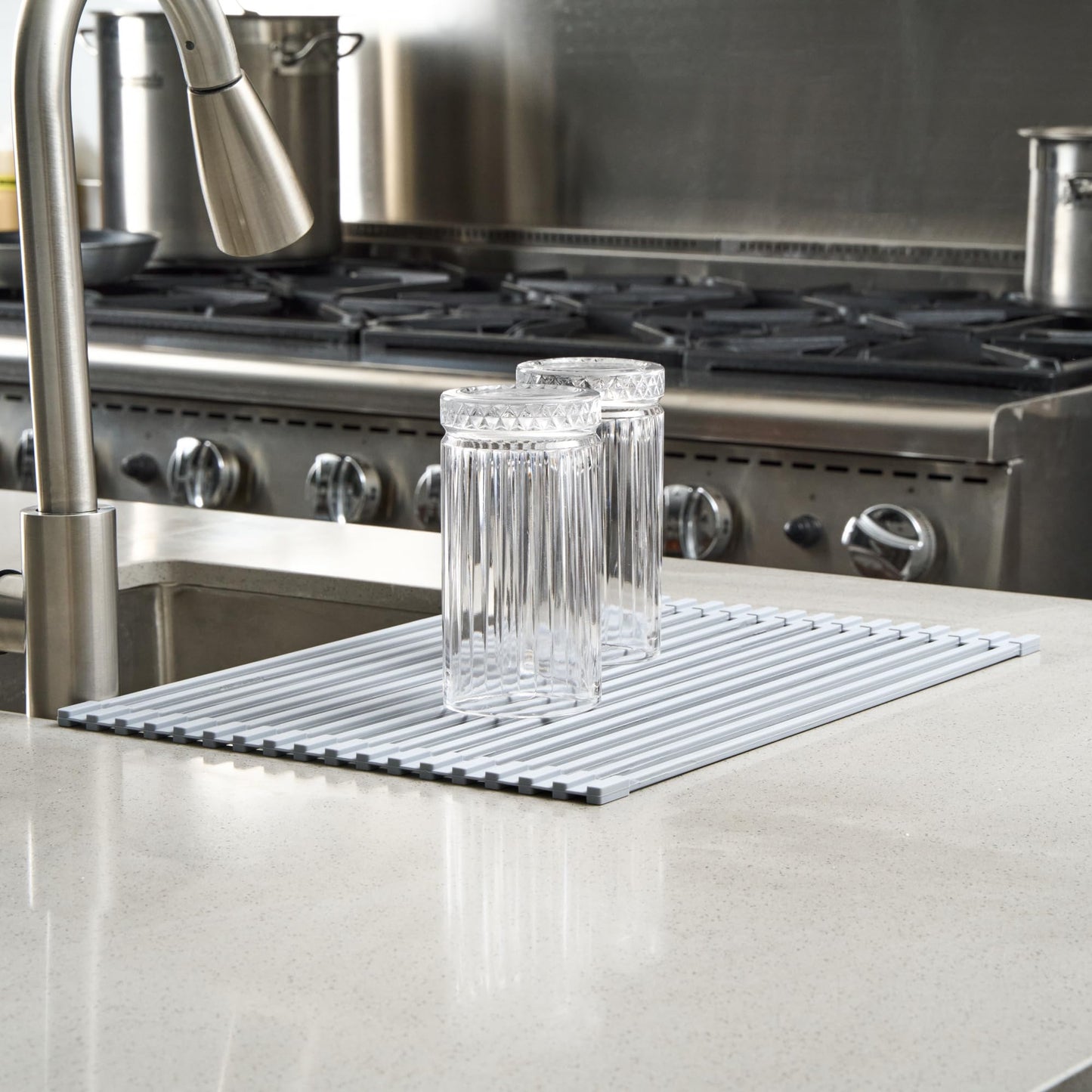 Restaurantware 16.93 x 12.99 Inches Stainless Steel Drying Rack - 12 Count - Clean Tek Professional Dish Drainer, Roll-Up, Non-Slip - Space-Saving Over-The-Sink Rack - Silicone Coated Gray