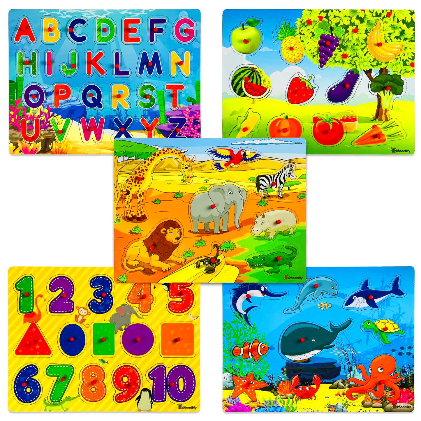 5 Pack Wooden Puzzles for Toddlers 1-3 - Colorful Chunky Wooden Peg Puzzles - Educational Learning Montessori Toys - Toddler Puzzles for Kids Ages 2-4 - Alphabet ABC Number Animal Fruit Shape