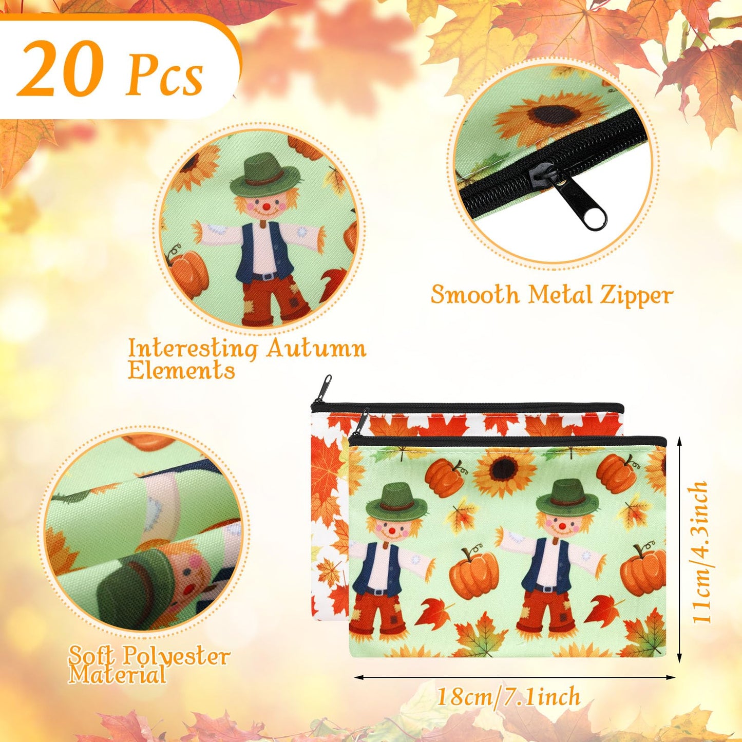 Yahenda 20 Pieces Fall Cosmetic Bags for Women Gifts Pumpkin Sunflower Autumn Maple Leaf Makeup Bags Thank You Gifts for Thanksgiving Day Birthday Party Favor