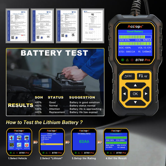Acclope BT60 PRO Car Battery Tester 6V/12V/24V, 2–120Ah, 100–3000 CCA, AGM/Gel/Lithium, Alternator & Starter/Charging System Analyzer, QR Cloud Report (No App), Digital Analyzer