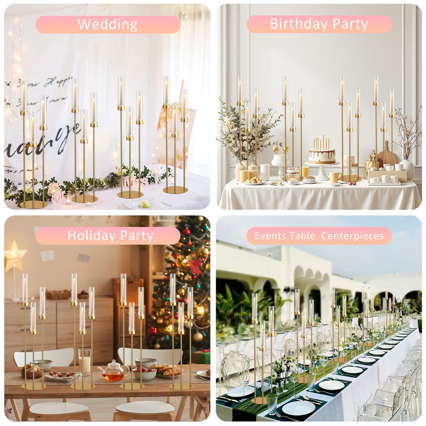 Vincidern 20pcs Gold Candelabra with Acrylic Lampshade, 3 Arm Taper Candle Holder, 33.8 in Tall Metal Candlestick for Table Centerpieces, Halloween, Christmas, Wedding Decor