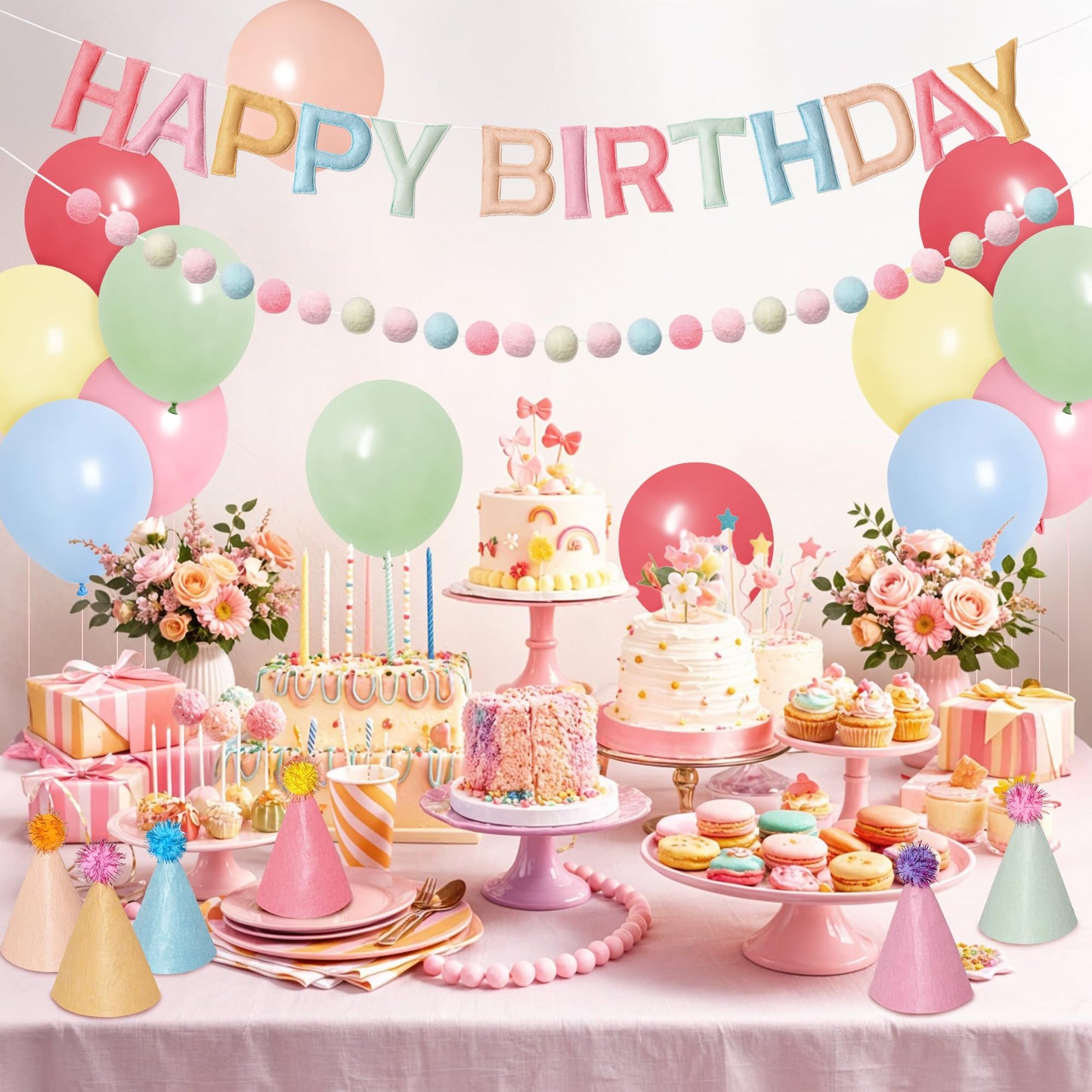Kriyokiaa Pre-Strung Felt Happy Birthday Banner Retro Pastel Happy Birthday Party Decorations with Party Hats for Stuffed Animals, Pom Pom Garland and Latex Balloons for Women Girls Party Decor