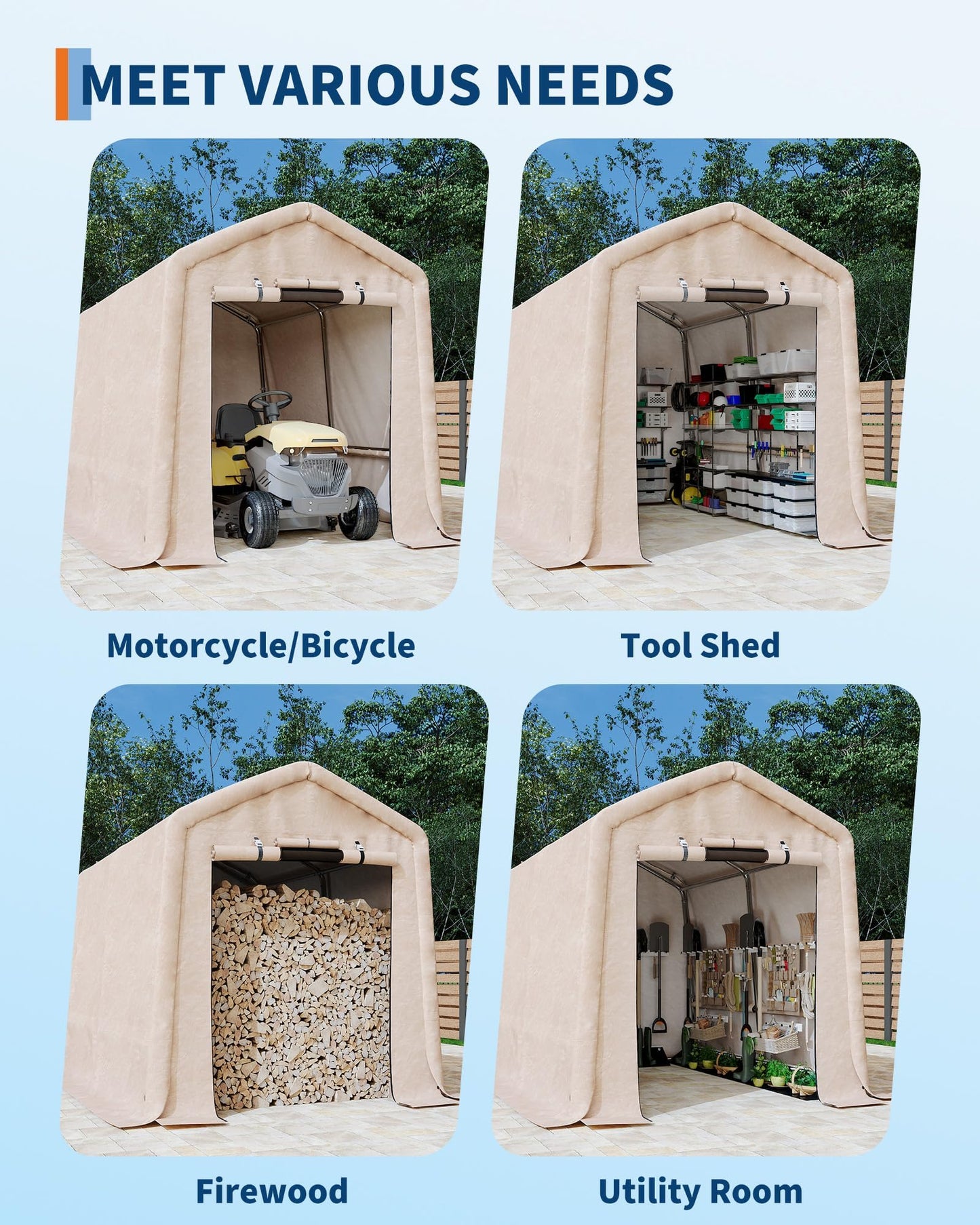 7X12 FT Heavy-Duty Portable Outdoor Storage Shed with Roll-Up Zipper Door & Vent, 240g Waterproof Carport Storage Shelter, UV-Resistant Canopy for Motorcycle, Firewood, Tools -Gray ﻿