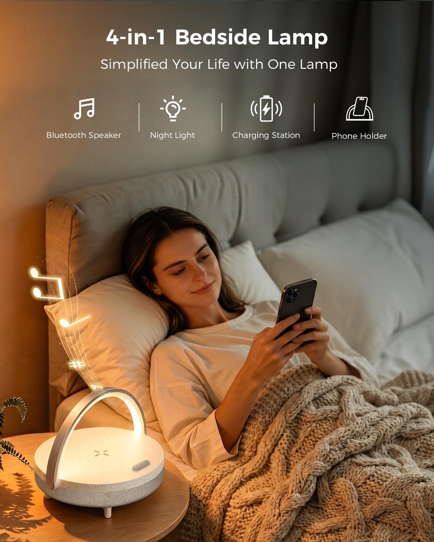 EZVALO Gifts for Women, 4-in-1 Bedside Lamp with Dimmable Night Light, Bluetooth Speaker, Charging Station and Phone Holder, Birthday Gifts for Mom, Teens, Family and Friends