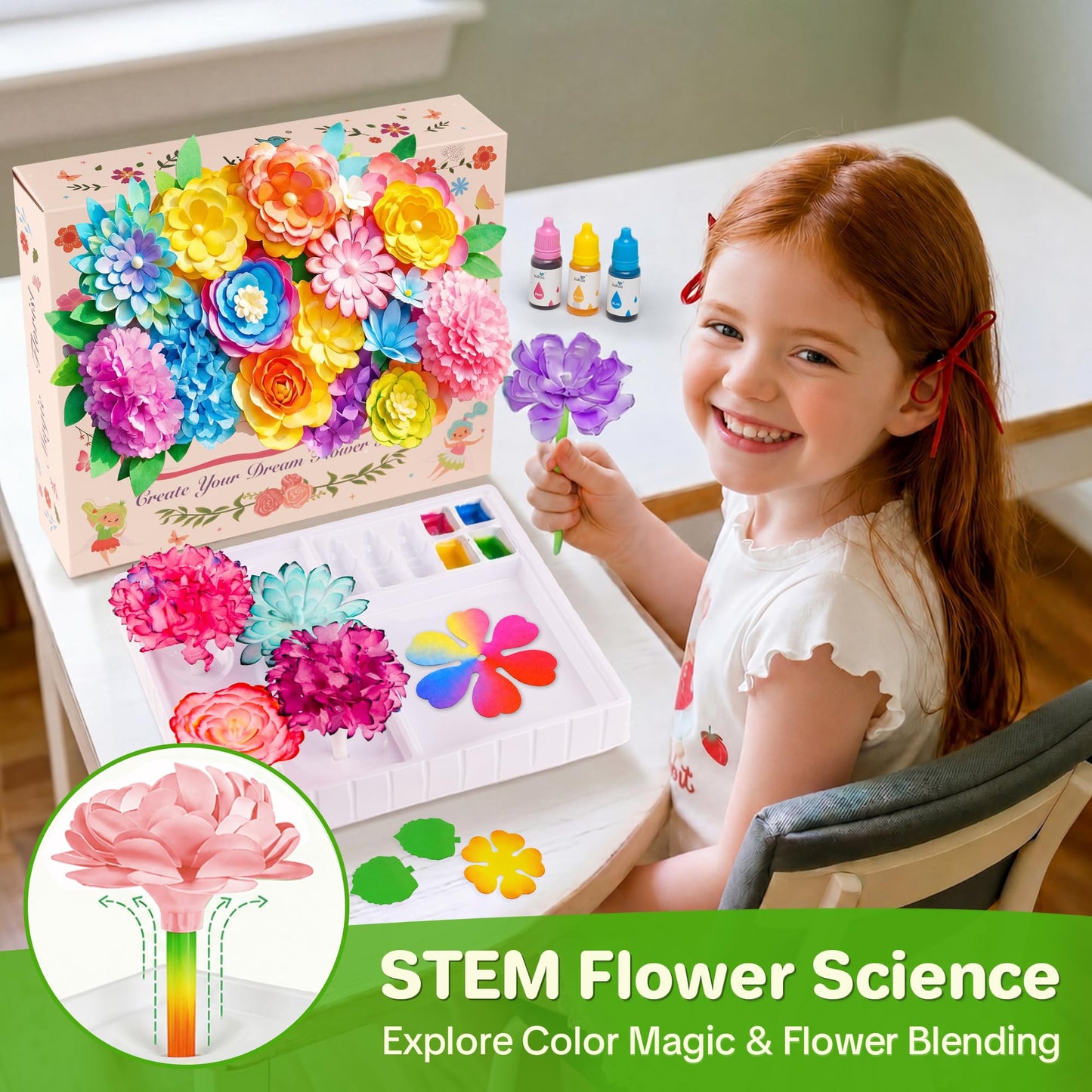Kiditos Magic Flower Craft Kit for Girls, DIY Color Changing Flower Bouquet Craft & Science Kit, Arts & Crafts STEM Toy, Creative Birthday Gift for Kids Ages 6+