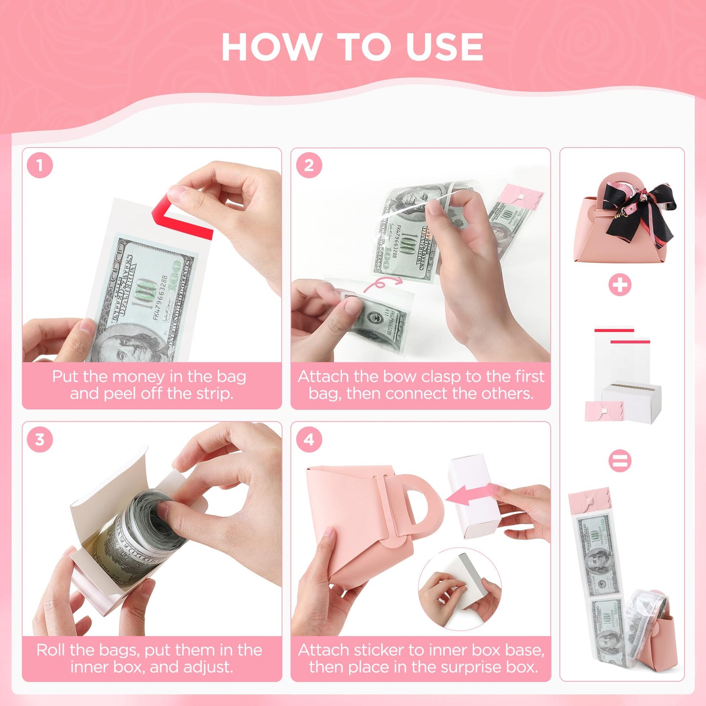 Vane Oak Money Pull Box for Cash, Surprise Money Boxes with Ribbon Leather Mini Bags with 30 Pcs Transparent Bags for Birthday Party Christmas (Pink)