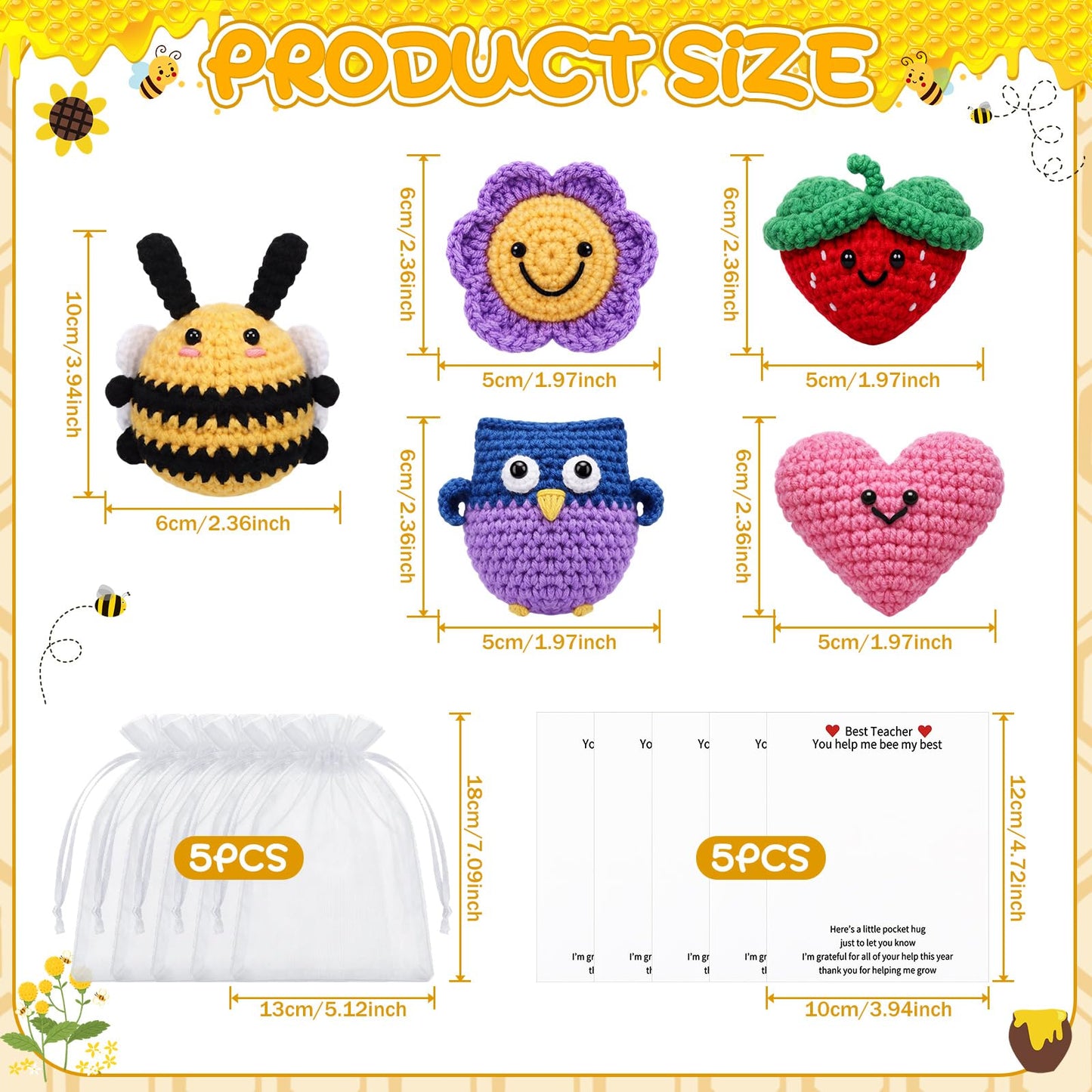 Teyva Daily 5 Sets Teacher Appreciation Gift Handmade Crochet Teacher Gifts for Women Thank You for Helping Me Grow Crochet Doll with Card and Bag for Teachers Appreciation Week End of Year Gift