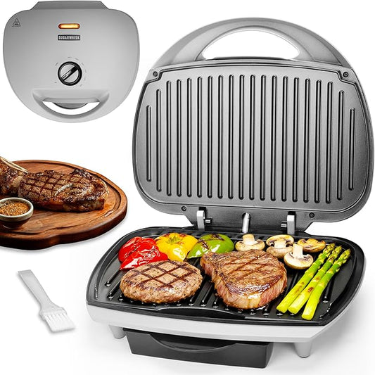 SugarWhisk Family-sized Contact Grill, 6-Serving Electric Indoor Grill with Adjustable Temp Control, Ceramic Coating, 1500W, Silver