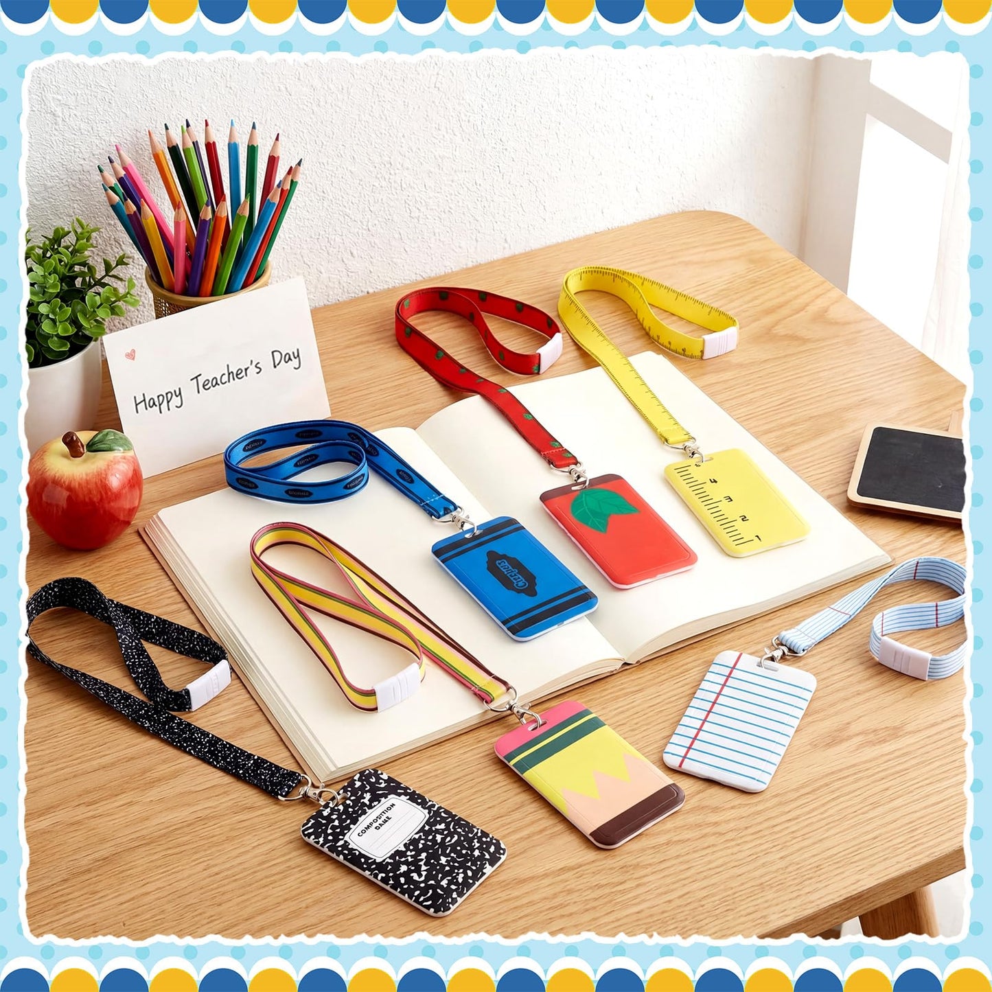 Colarr 6 Packs Teacher Appreciation Gifts Teacher ID Badge Holder with Lanyard Composition Notebook Pencil Crayon Apple ID Badge Holder for Graduation Gifts School Supplies