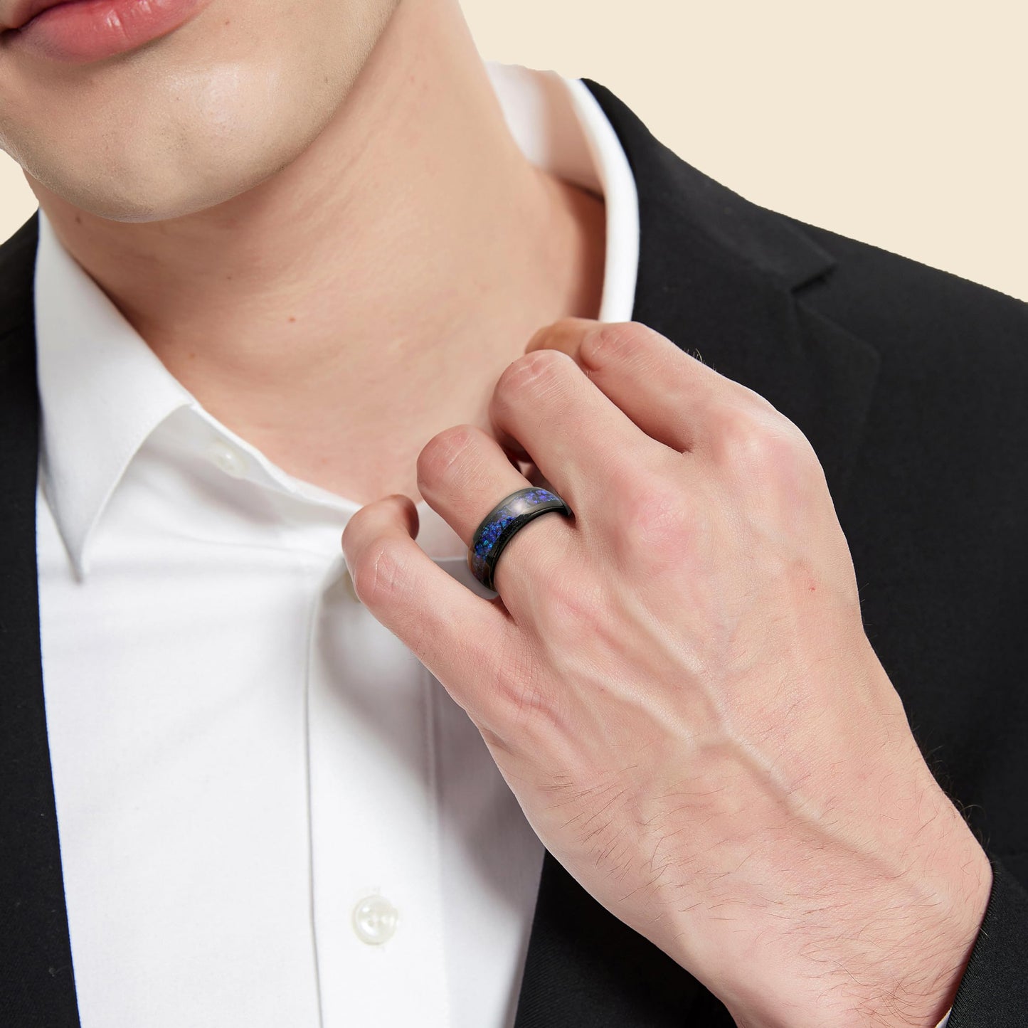 NUNCAD Mens Wedding Ring Tungsten Blue Opal Inlaid Men Black Ring Wedding Band Dome Polished Finish 8mm Comfort Fit Sizes 7