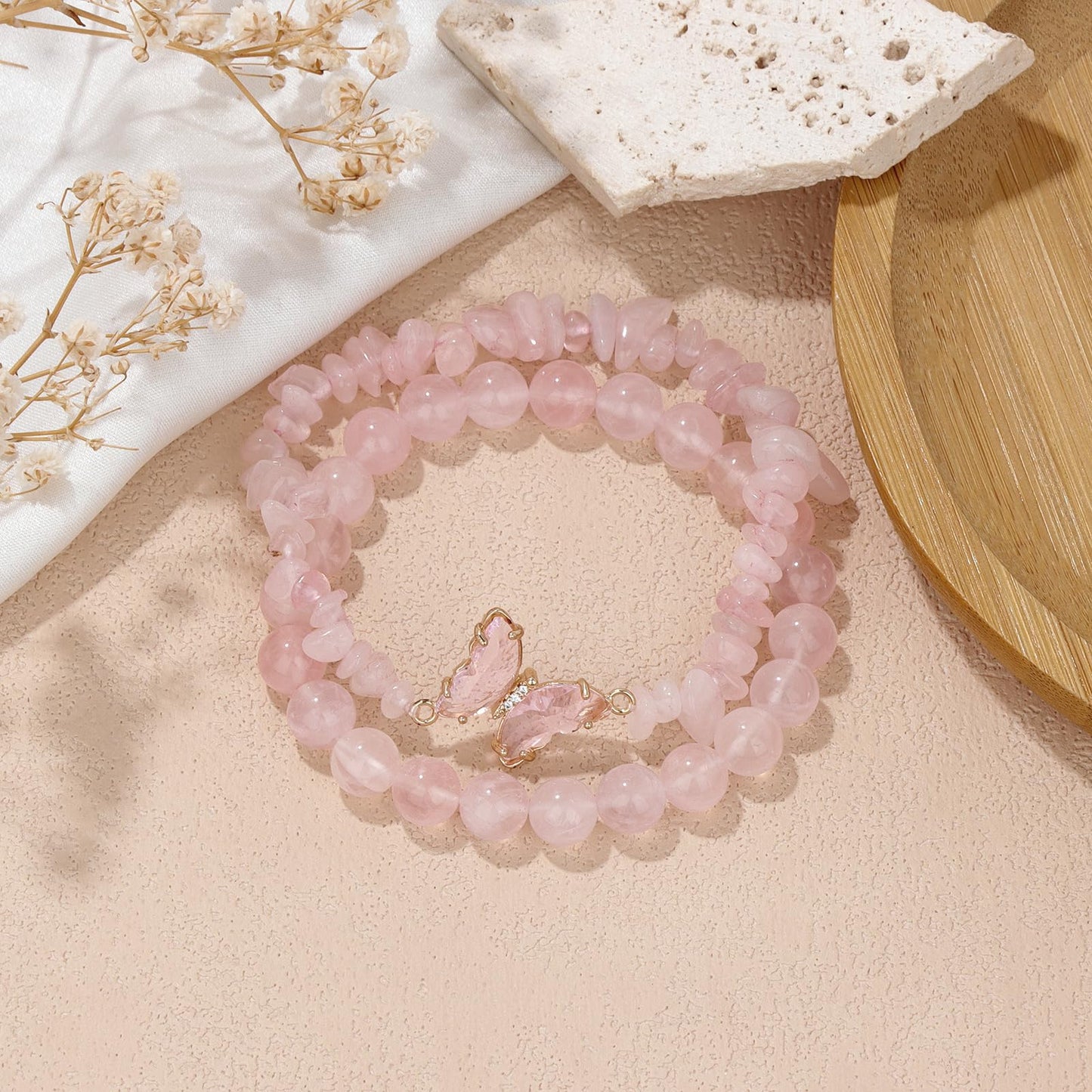 GolbalJew Rose Quartz Bracelet for Women Healing Crystal Stone Bracelets Pink Gemstone Beads Stretch Bracelet Butterfly Charms Jewelry Women Gift