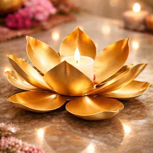 Agaas Enterprises Golden Metal Big Size 7 inch Table Lotus Flower T-light /Tealight Holder Diwali Diya Decoration Item | Diwali decoration | Home decoration |Tealight Candle Holder Votive Candle