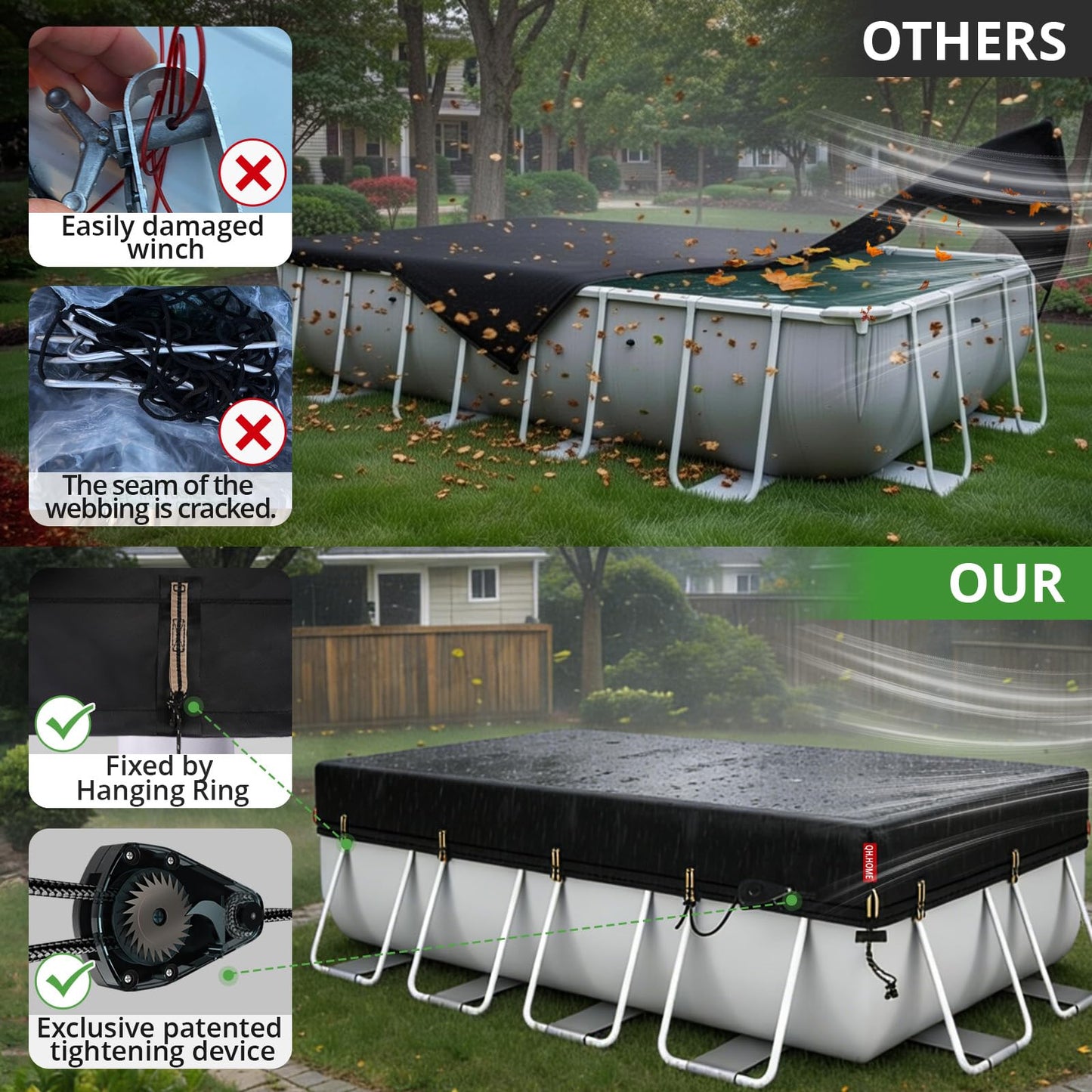 QH.Home 9x18ft Rectangular Pool Cover,[Ultimate Windproof & Tear-Resistant Fabric],Snug Fit with Patented Ratchet & Weight Rings,Solar Pool Cover for Above Ground Pools, Blocks Leaves &Waterproof