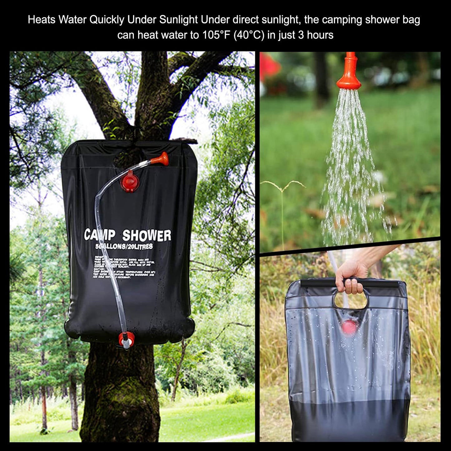 ailker Solar Shower Bag for Camp: 2 Pack 5 Gallons/20L Portable Solar Camping Shower Bag with Removable Hose and On-Off Switchable Shower Head for Camping Beach Swimming Outdoor Traveling