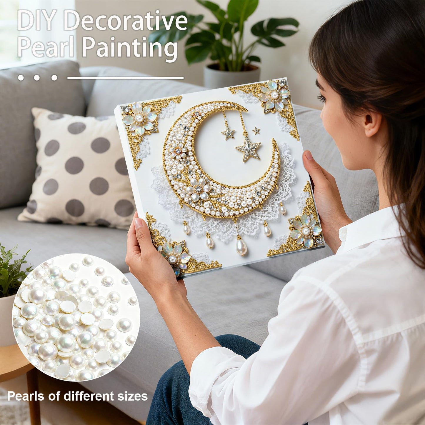 yzARTche Diamond Art Pearl Painting Kit, DIY Pearl Art Painting with White Frame, Handmade Gem Dot Picture Craft for Home Wall Decor Present Set-04-Moon