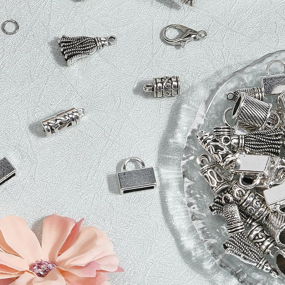 SUNNYCLUE 1 Box 230pcs Tassel End Caps Kumihimo Cord End Caps Alloy Metal Antique Silver Glue in Crimp String Leather Cords Tassel Ends Tips Supplies for Jewelry Making Kit Kumihimo Supplies Crafts