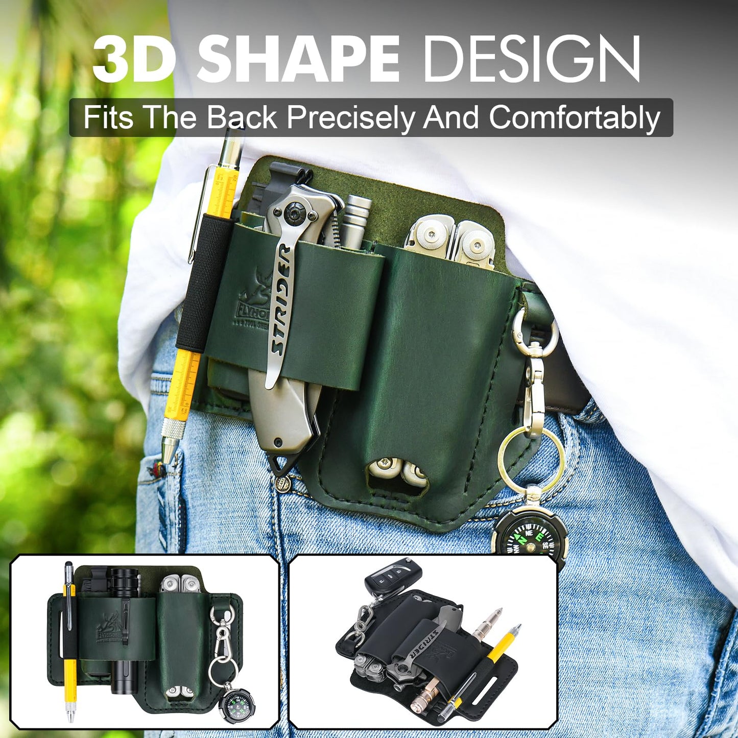 FLYHOMES Genuine Leather Multitool Sheath | Handmade Stitched Belt Organizer for Leatherman Surge | Holds Bit Kit & Extender | Flashlight Holster, Pen & EDC Tools Pouch | Dark Green