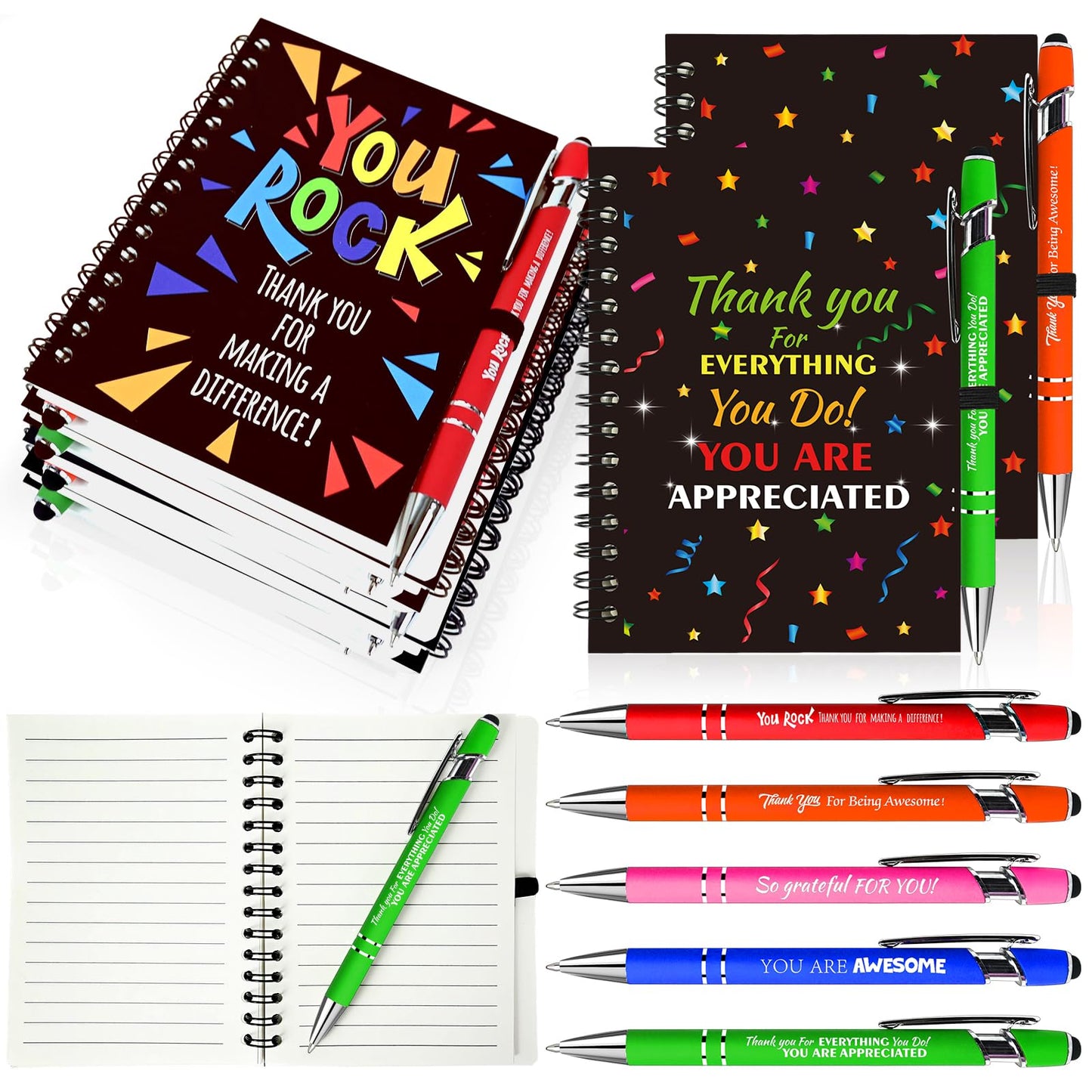 Aartner 10 Sets/20 Pcs Employee Appreciation Gifts Staff Spiral Notebooks Pens Bulk Stylus Cap Team for Teachers Thank You Inspiration Coworkers Inspirational Christmas Party Supplies
