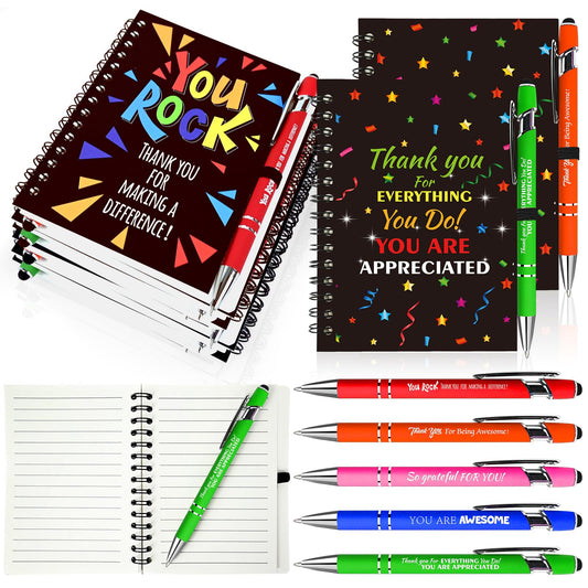 Aartner 10 Sets/20 Pcs Employee Appreciation Gifts Staff Spiral Notebooks Pens Bulk Stylus Cap Team for Teachers Thank You Inspiration Coworkers Inspirational Christmas Party Supplies