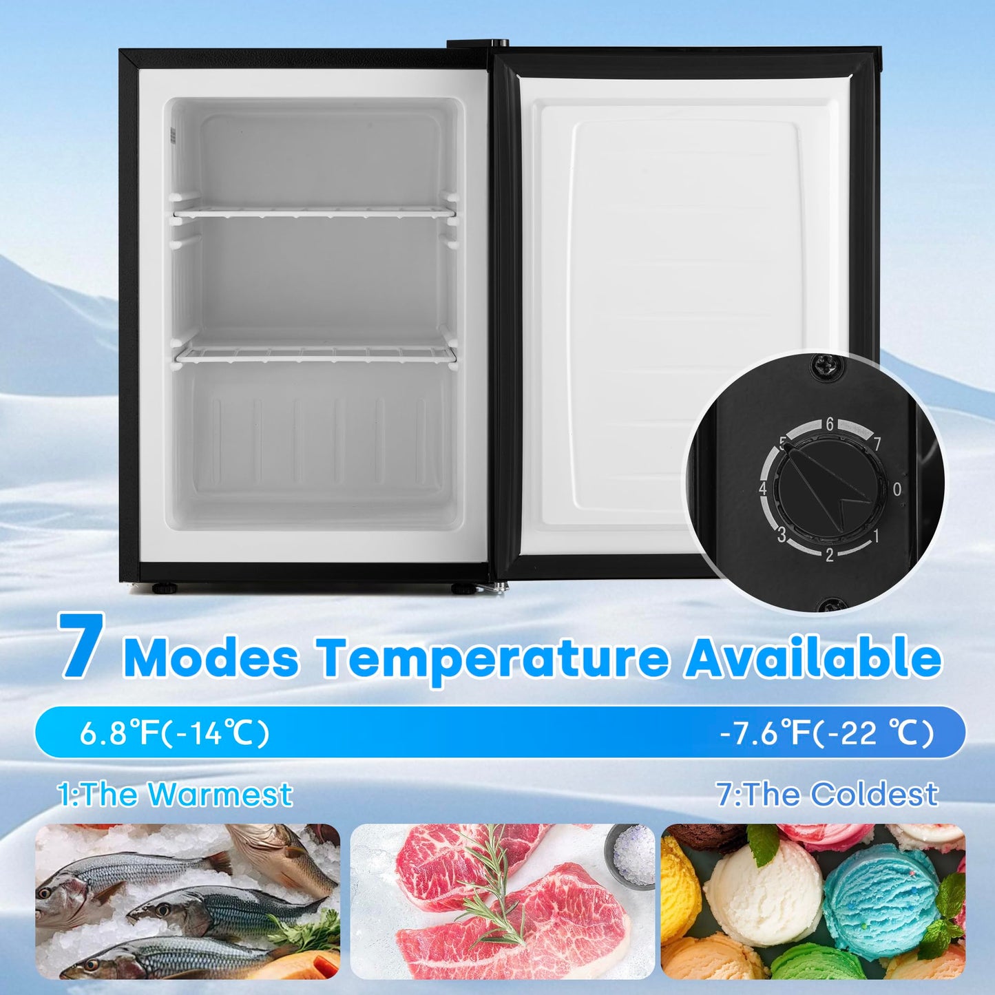 Stopsad 2.1 Cu.ft Upright Freezer, Mini Freezer with 7 Adjustable Thermostat & Removable Shelves, Small Standup Freezer with Reversible Single Door, Energy-Saving, Compact for Home/Dorm/Office, Black