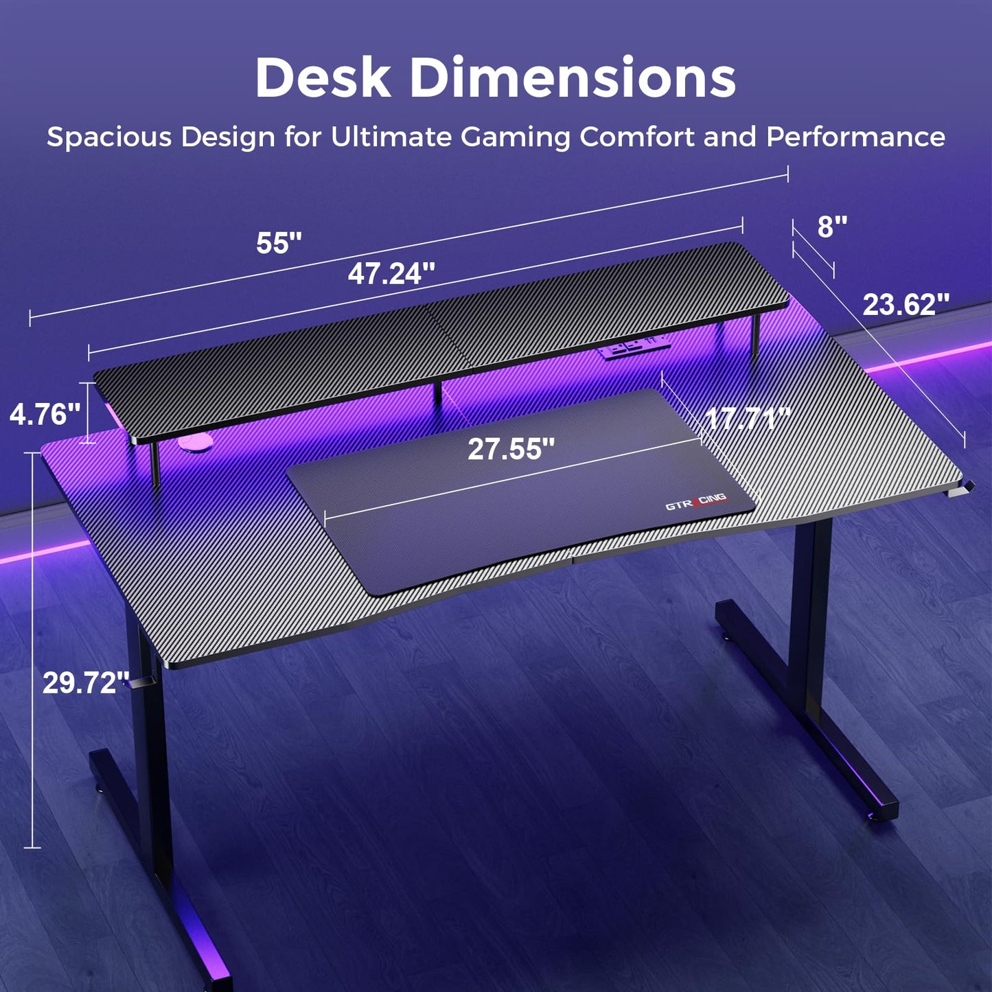 GTRACING Gaming Desk with LED Lights, 55 Inch Large Computer Gamer Desk with Monitor Stand & Power Outlet, Ergonomic Carbon Fiber Surface Gaming Table with Mouse Pad for Home Office, Carbon Black