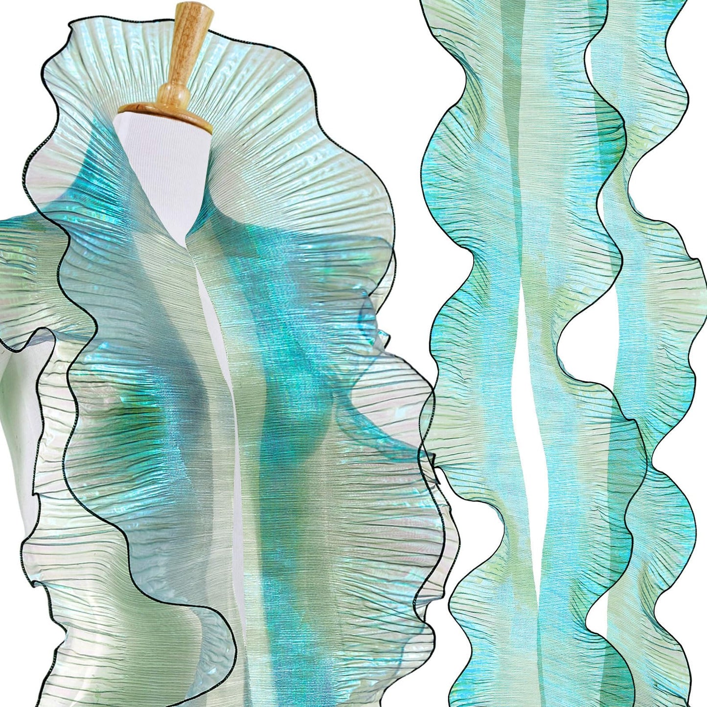 Ganeen 16 Yard Ruffle Pleated Iridescent Ribbon, Green Jellyfish Organza Ruffle Trim, Retro Tulle Lace Fabric for Jellyfish Costume Sewing Craft Dress Hat Lantern Cake Christmas Tree Decor