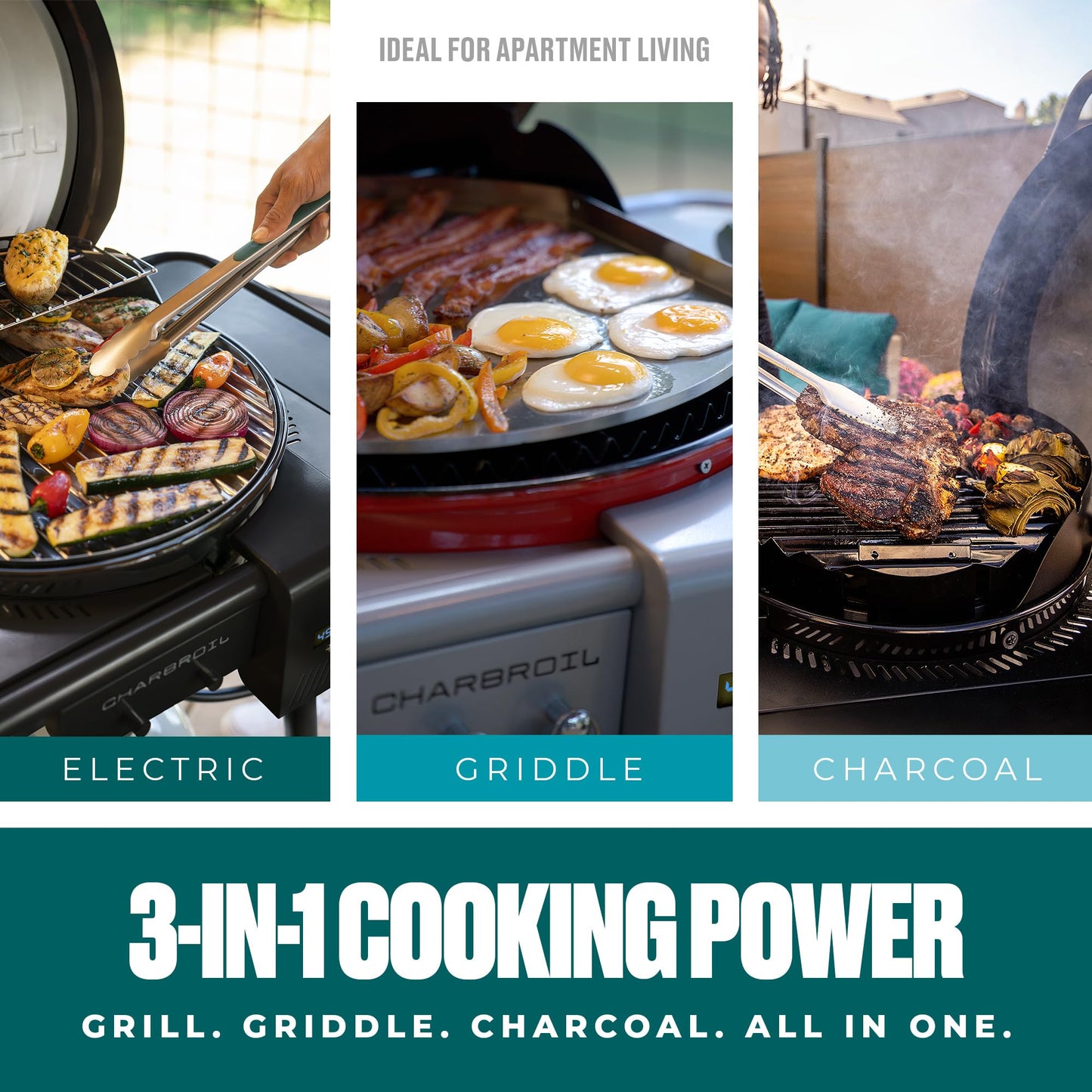 Charbroil 3-in-1 Dual Fuel Outdoor Bistro Pro Electric Grill & Griddle + Charcoal Mode BBQ, Black - 25302145