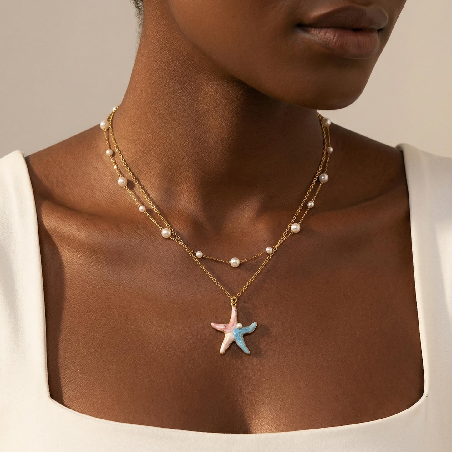 Harlermoon Gold Starfish Necklace for Women - 18K Gold Plated Stainless Steel Ocean Beach Jewelry, Sea Turtle Shell Pearl Pendant, Waterproof Non Tarnish Snake Chain Choker, Summer Vacation Mermaid Gifts (Large Starfish Pearl)