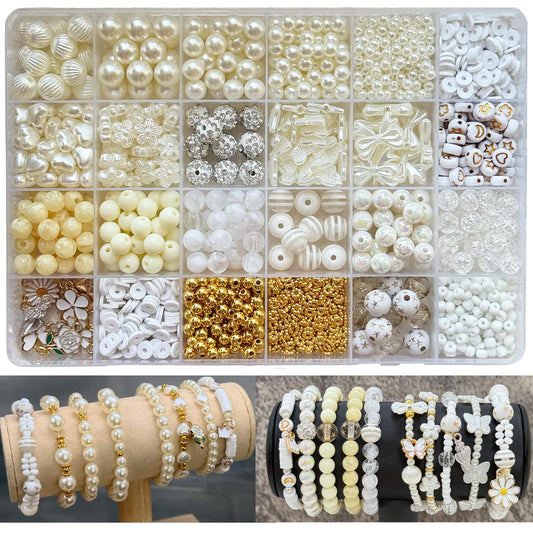 1900PCS Pearl Beads for Bracelets, Beige Acrylic Round Beads for Jewelry Making Gold Spacer Bead Pumpkin Heart Flower Bow Buterfly Bead Flower Charms for DIY Crafts
