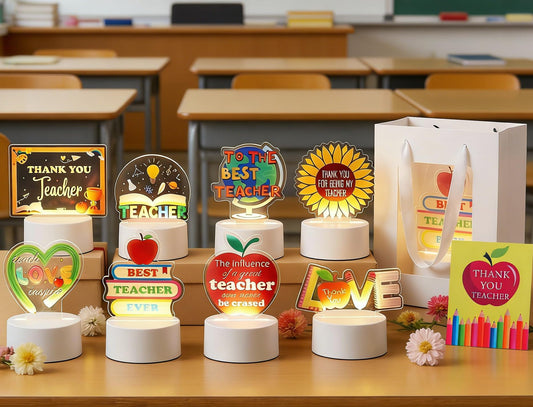 8 Set/24 Pcs Teacher Appreciation Gifts Bulk, Acrylic Night Light Light up Engraved Table Sign Graduation Farewell Thank You Teacher Gifts for Desk Decor Night Lamp with Thank You Cards Bags