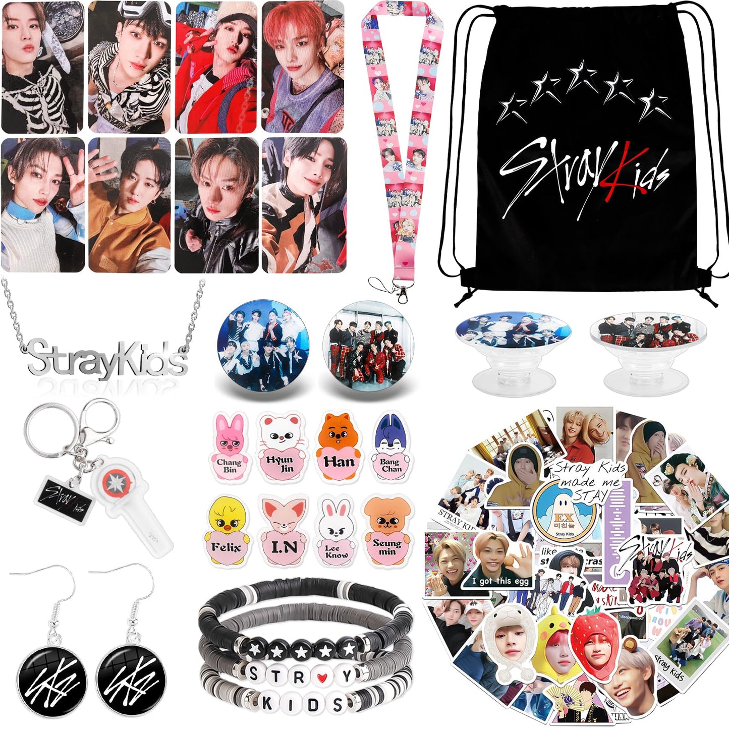 Japior Stray Kids Gifts Set,Including Drawstring Bag, 8 Cartoon Badges,50 Stickers,8 Photocards,3 Themed Bracelets, Necklace,Earrings, Keychain,Straykids Lanyards for Fans