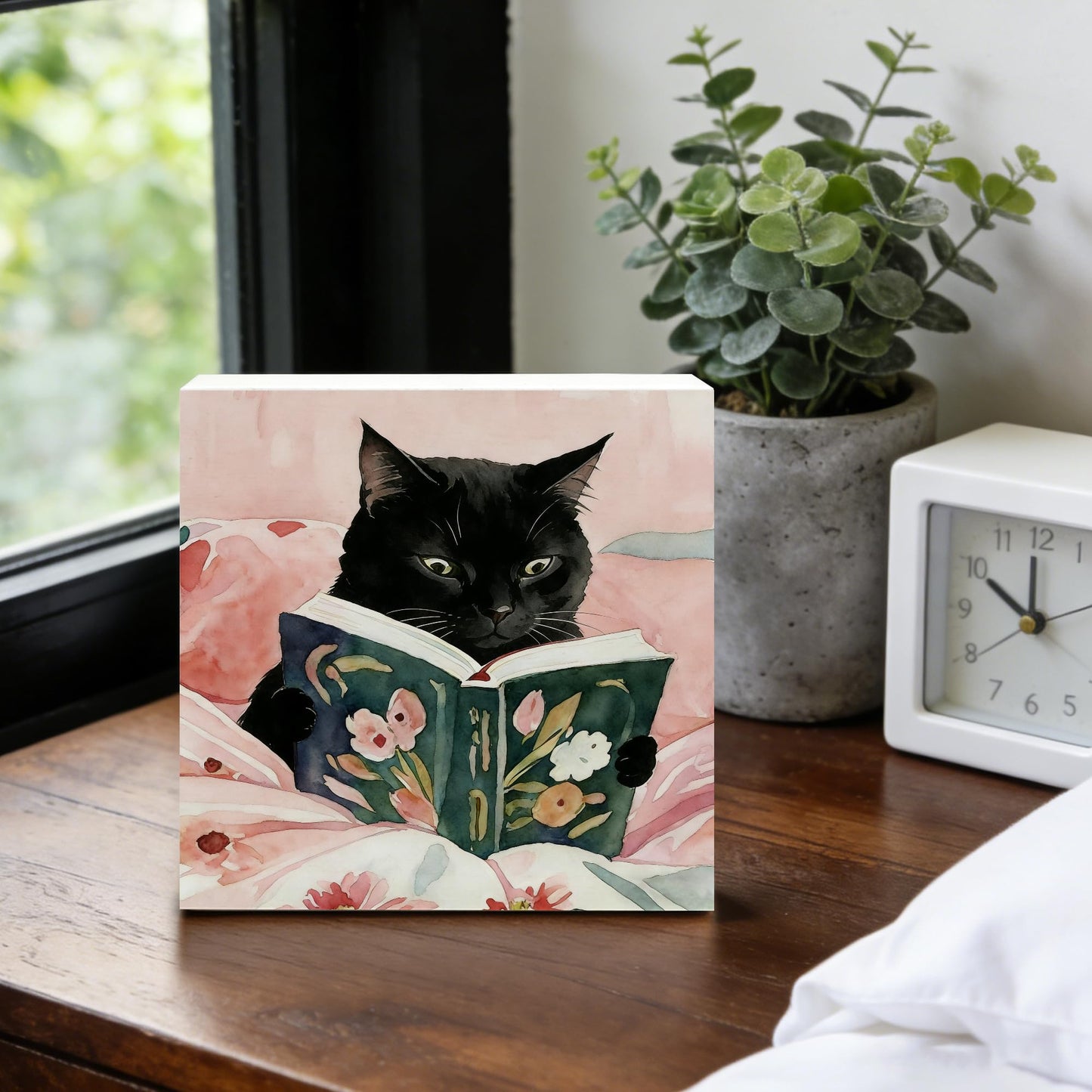 NHGMHBD Funny Black Cat Reading Book Wooden Box Sign 5x5 Inch, Reading Room Nook Corner Decor, Pink Bookish Kitten Decorative Wood Signs for Library Book Room Nook Home Desk Tabletop Shelf Decorations