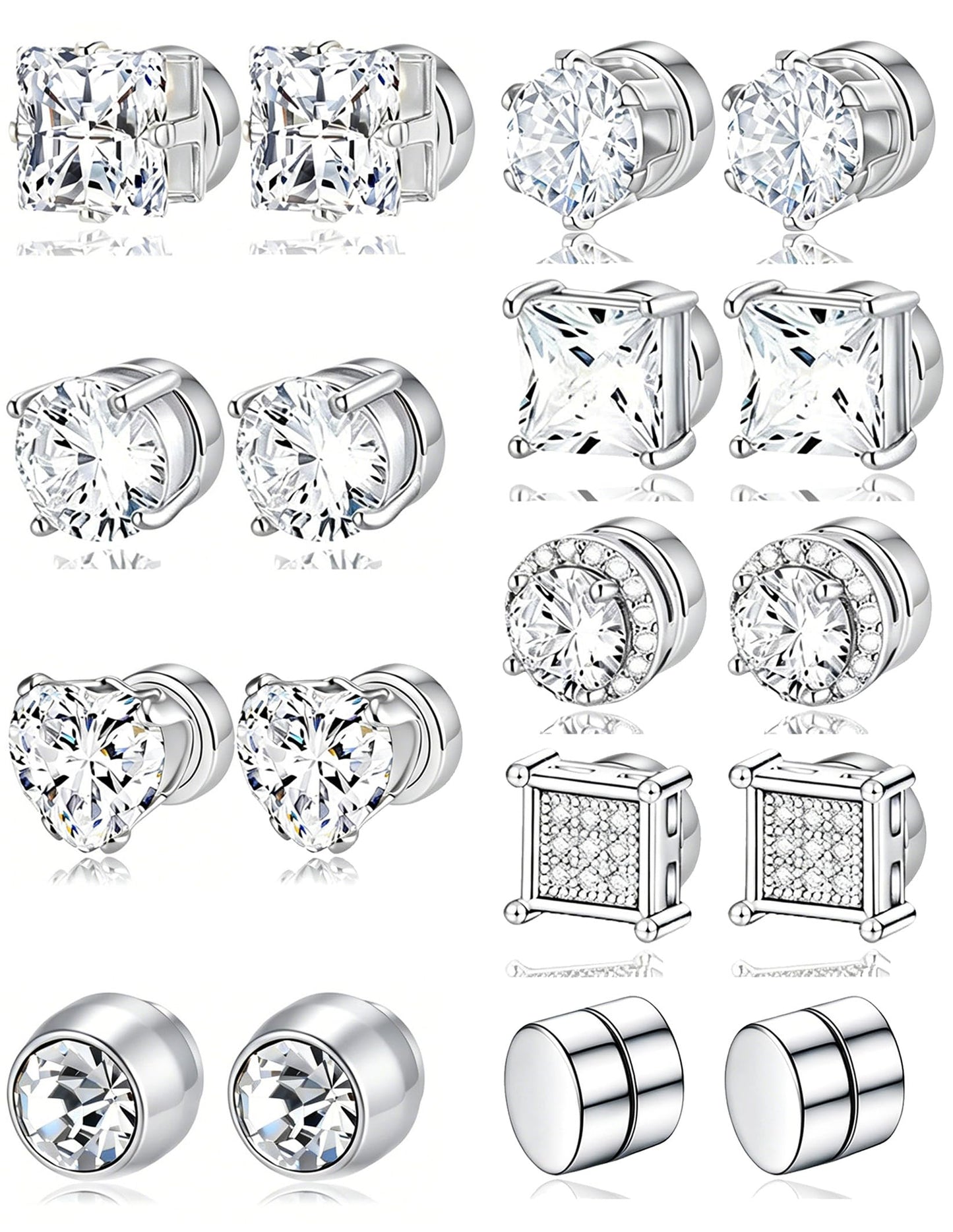 Ofeiyaa Magnetic Stud Earrings Stainless Steel Non-piercing CZ Heart Round Square Triangle Halo Earrings for Men Women Fake Clip on Stud Earring Jewelry Set for Sensitive Ears Silver Tone 6MM 8MM
