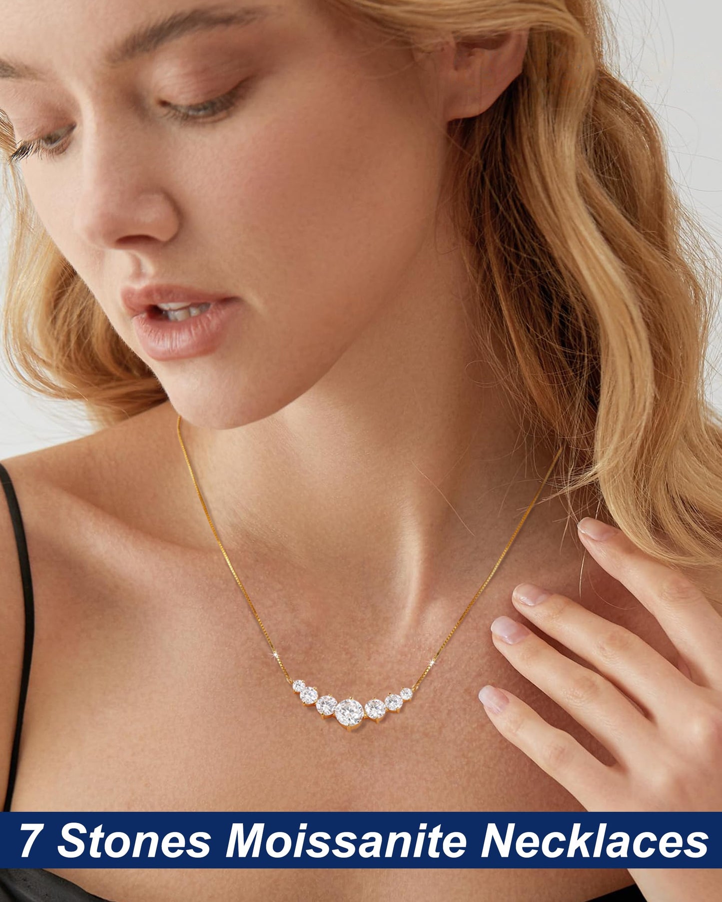 1.7 Carat Simulated Diamond Necklace for Women, 7 Stones Moissanite Pendant Necklaces 18k Yellow Gold Plated Sterling Silver Moissanite Necklace 19 inch Adjustable Box Chain Jewelry Gifts for Mom Wife