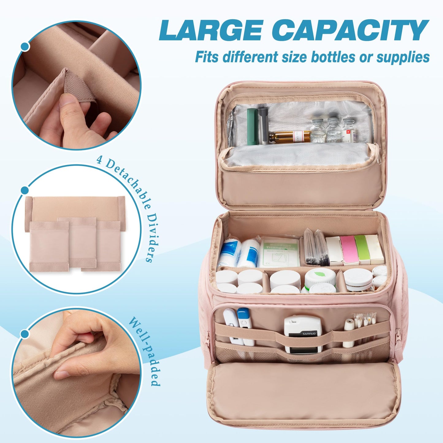 Marscamd Medicine Organizer Bag with Insulated Pocket for Travel, Pill Bottle Storage Case with 4 Customized Dividers for Medication, Insulin and First Aid Supplies, Pink (Bag ONLY)