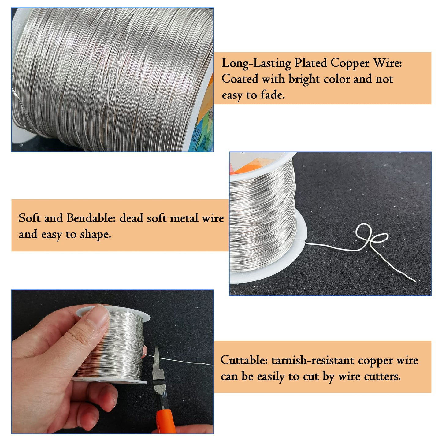 203 Feet Tarnish Resistant Copper Wires 24 Gauge/0.5mm Jewelry Craft Wires Beading Wire for Jewelry Making, Wire Wrapping and Crafting(Silver)